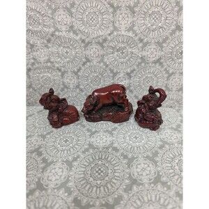 Ox, Elephant Figurine Set Dark Red Asian Zodiac‎ Statues Decor